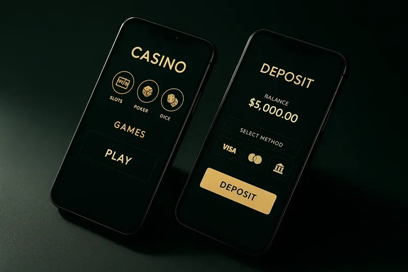 Two smartphones displaying dark casino lobby and deposit screens