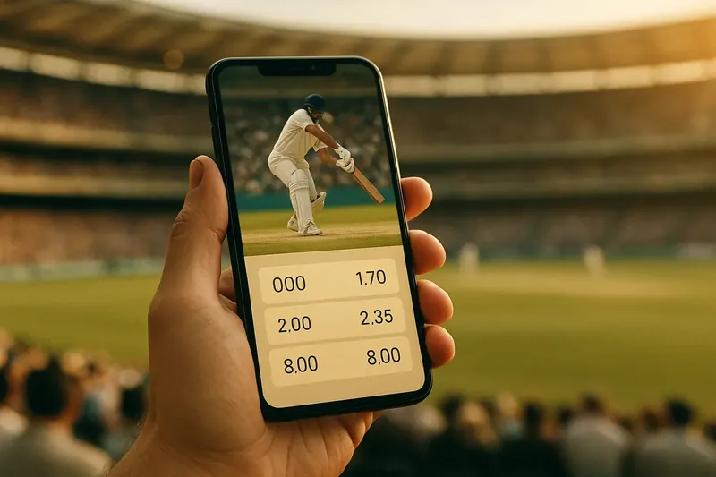 Live Cricket Odds Hand holding smartphone showing live cricket match with real-time odds