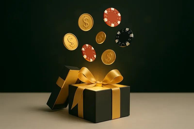 Premium gift box opening with gold light, casino chips and coins