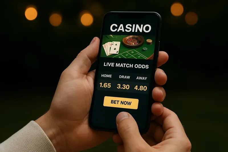 Hands holding smartphone with mobile casino interface and live match odds