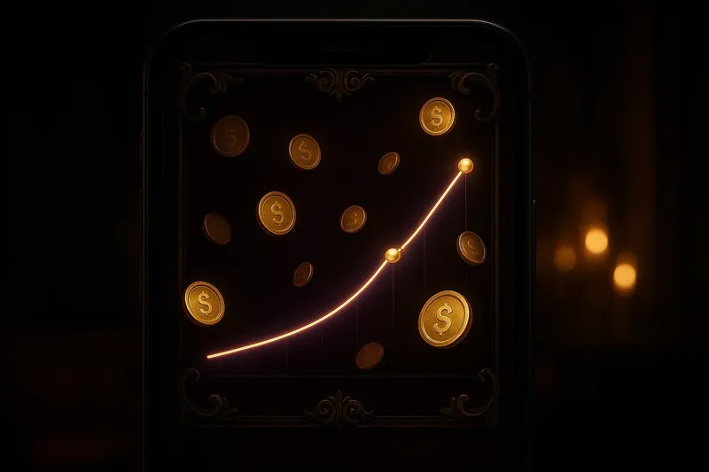 Mobile crash game interface with glowing curve graph and scattered coins