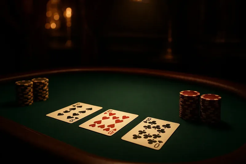Face-up baccarat cards and chip stacks on green felt table