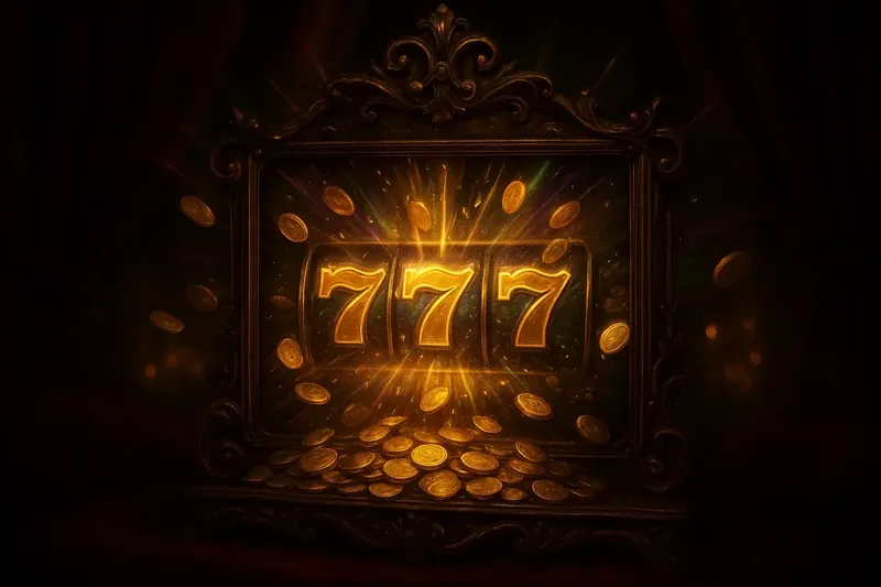 Slot machine jackpot with golden 777 symbols, coins, and neon light beams